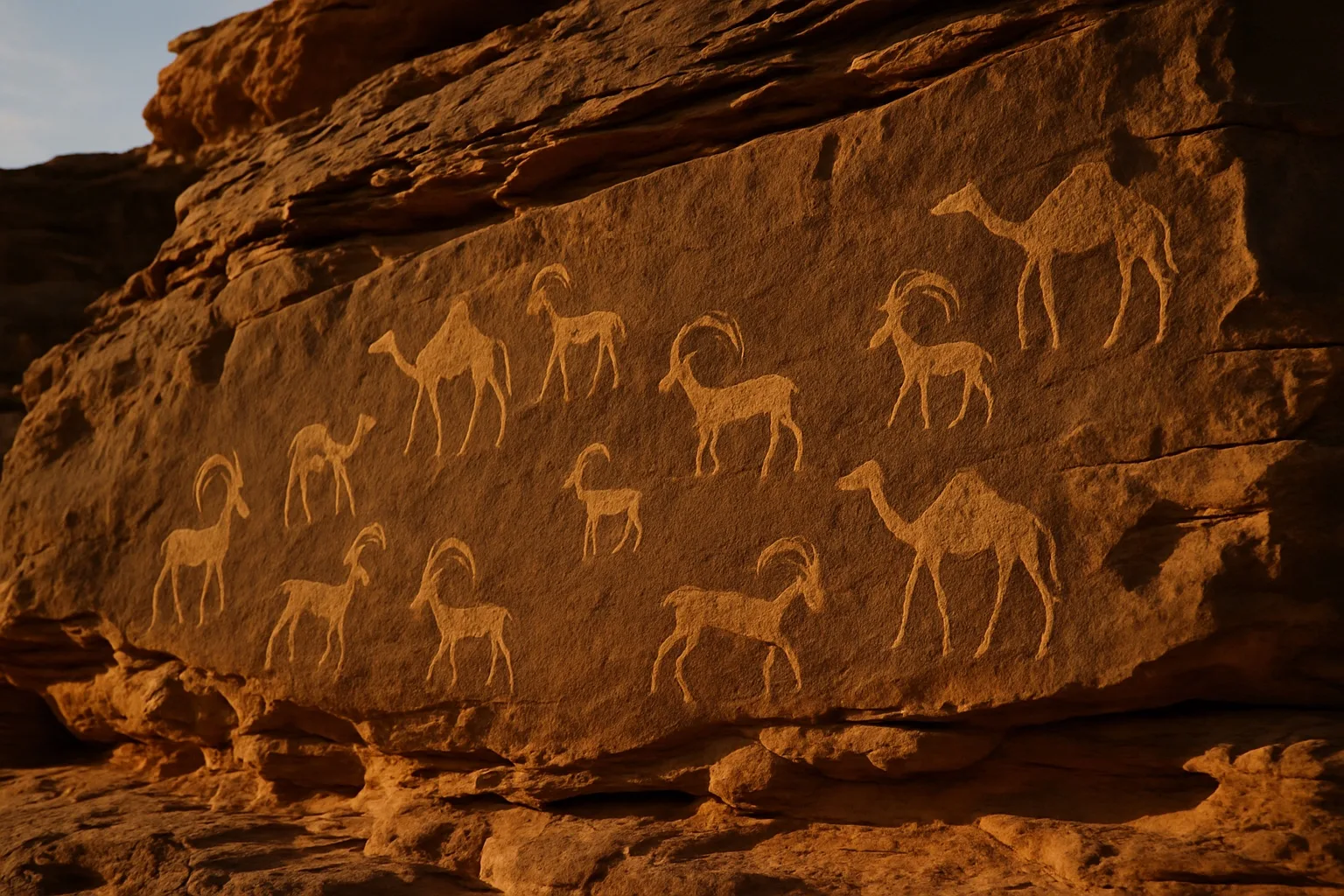 Sandsteinwand mit eingeritzten Felsbildern von Kamelen und Steinböcken im Streiflicht