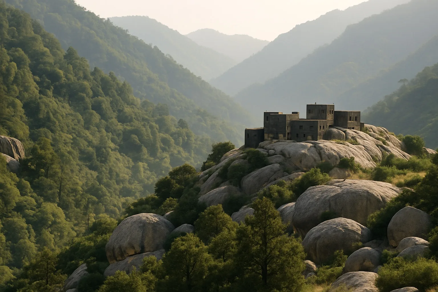 Bewaldete Berghänge mit Granitfelsen und einem Dorf aus dunklen Steinhäusern im Morgendunst